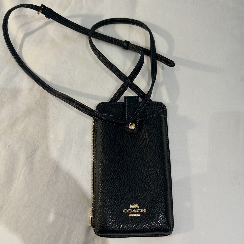 Coach Black Leather Phone Crossbody with Gold Accents